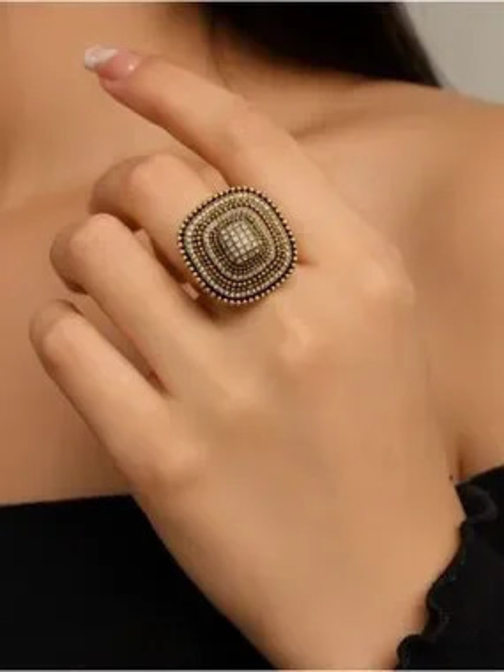 Vintage Ottoman Crystal Shield Ring Antique Gold Adjustable Cocktail Ring